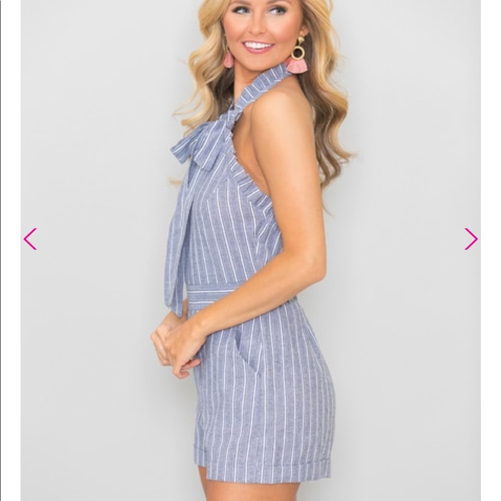 PinkLily Blue Halter Striped Romper - Picture 3 of 4